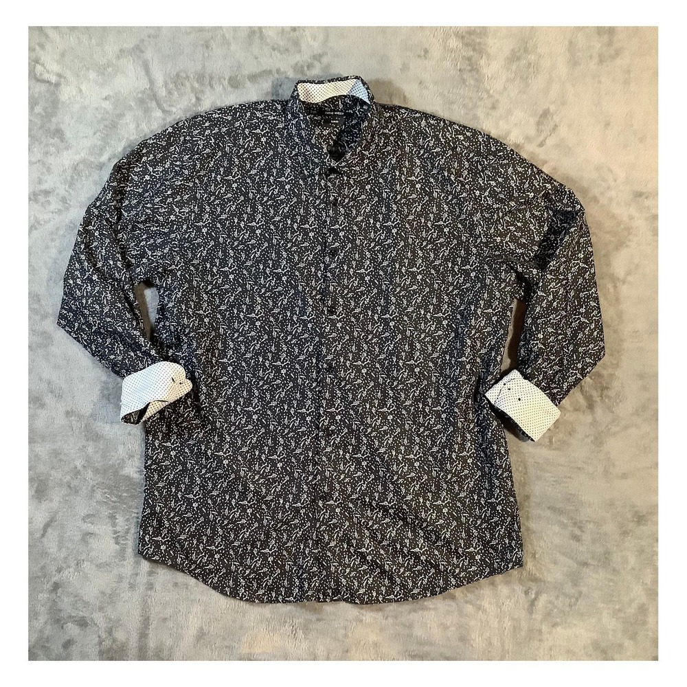 Nine West Men's Floral Slim Fit Button Down‎ Shirt Black XL